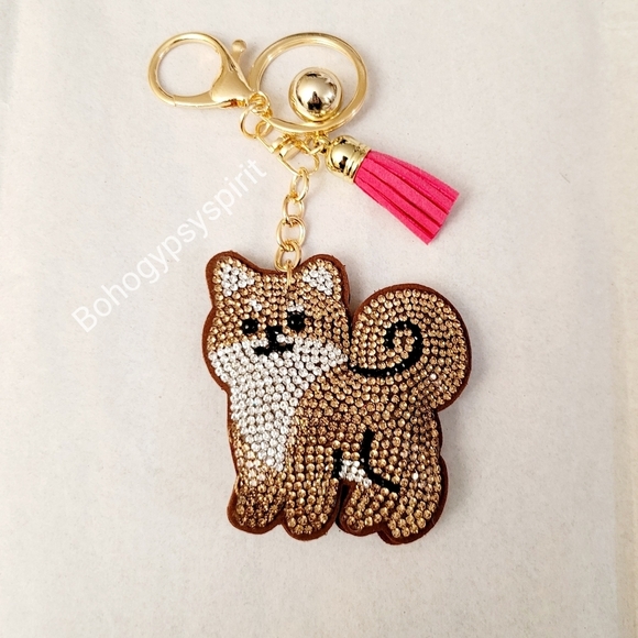 Bling Shibu Dog Crystal Rhinestone Keychain Bag Charm With Pink Tassel - Picture 5 of 14